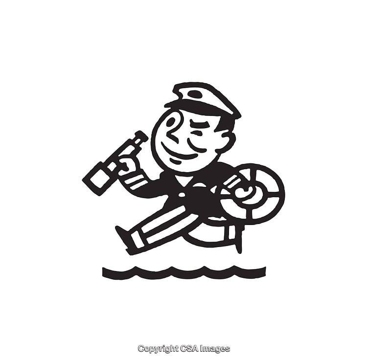 Artistic Black and White Nautical Themed Illustration of a Playful Sailor