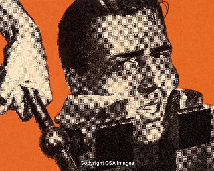 Retro Artwork of Man's Head in a Vice on Bold Orange Background