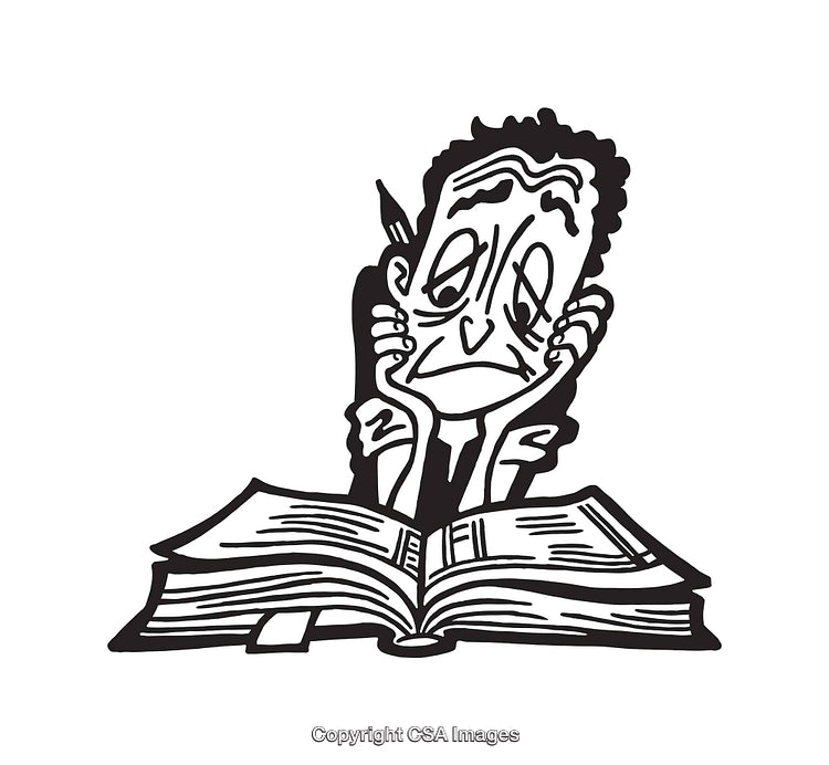 Black and White Illustration of a Stressed Reader at a Desk