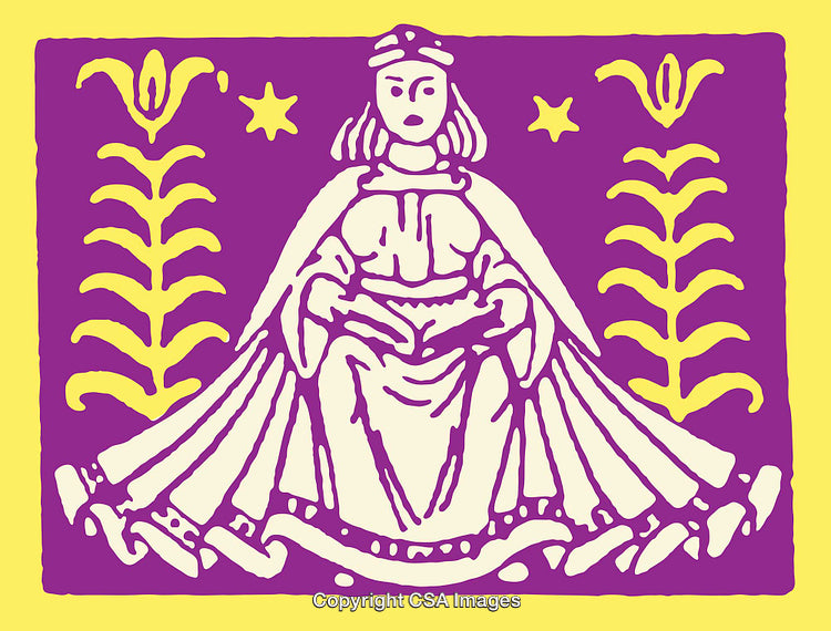 Stylized Vibrant Illustration of a Regal Figure with Ornamental Background