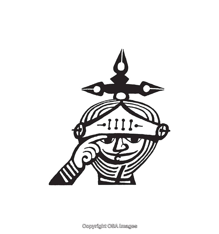 Black and White Illustration of A Decorated Knight Helmet