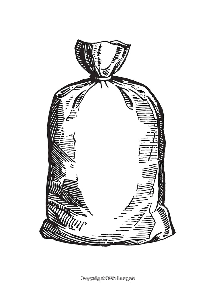 Detailed Black and White Line Art Illustration of a Filled Bag