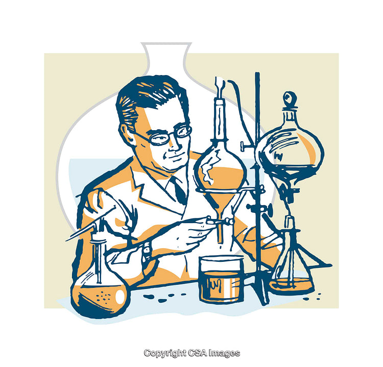 Vintage Scientist Illustration in Laboratory Chemistry Experiment Scene
