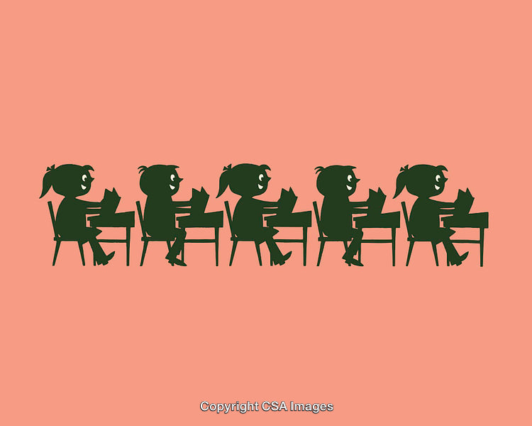 Silhouette Illustration of Children Studying at Desks in a Classroom