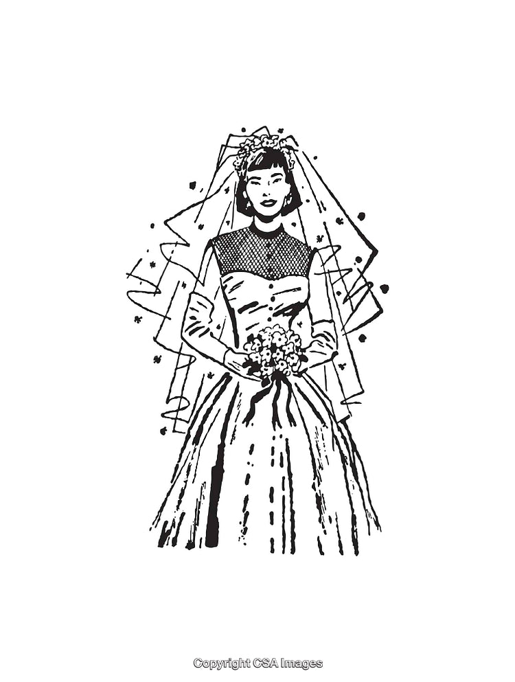 Vintage Line Art Illustration of a Bride in Traditional Wedding Attire
