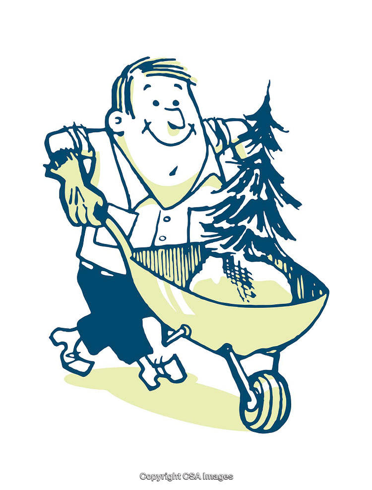 Cartoon Illustration of a Man Carrying a Tree in a Wheelbarrow