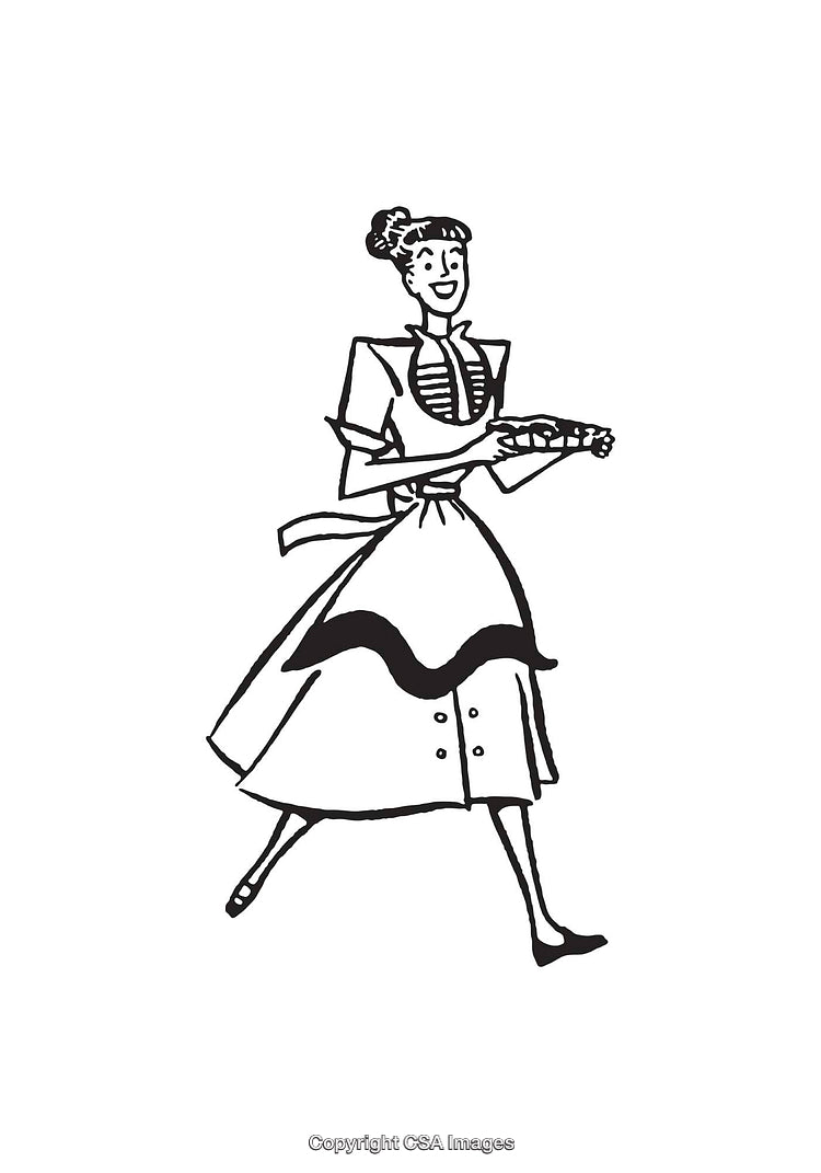 Retro Line Art Illustration of a Stylish Woman Holding a Freshly Baked Pie