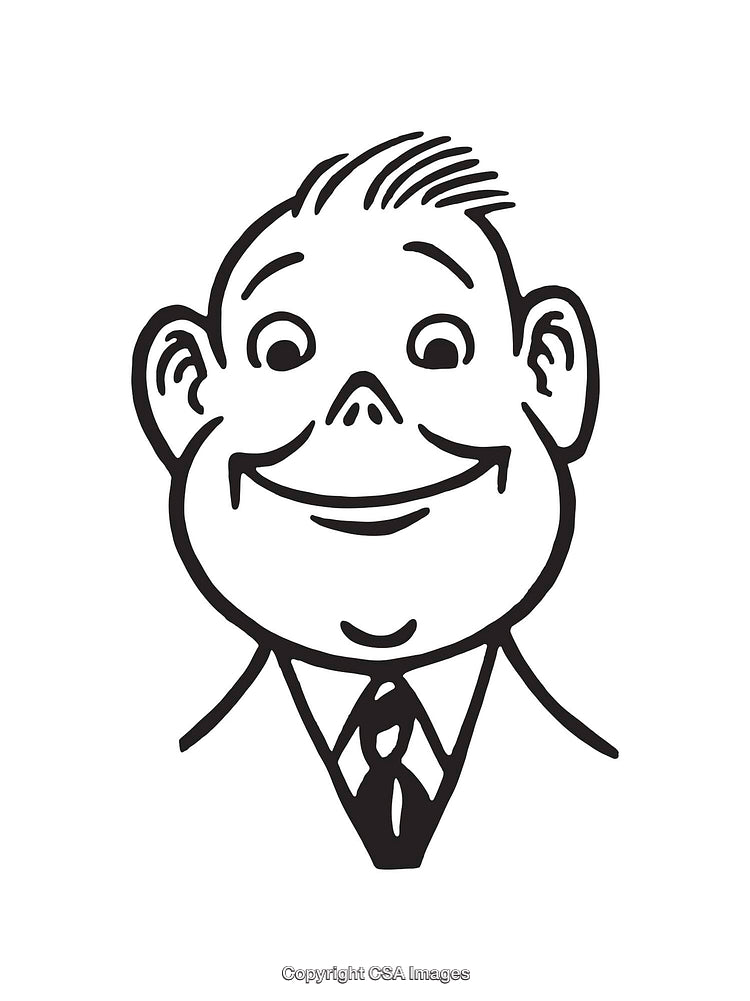 Black and White Line Art Illustration of a Smiling Cartoon Character