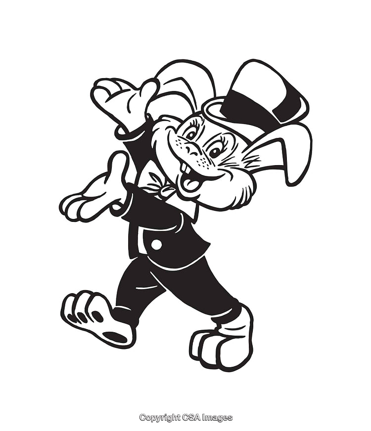 Cartoon Rabbit in Top Hat and Suit, Black and White Line Art