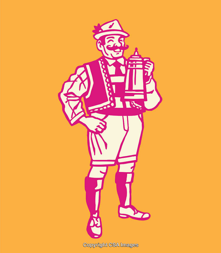 Traditional Bavarian Man Holding a Stein Depicted in Colorful Line Art