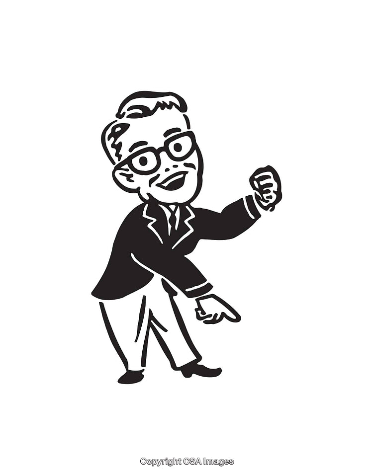 Retro Black and White Illustration of a Joyful Business Character