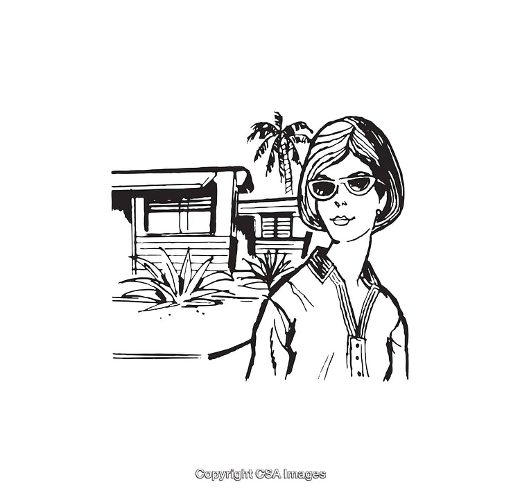 Retro Line Art Of Woman Outdoors With Modern House And Palm Trees