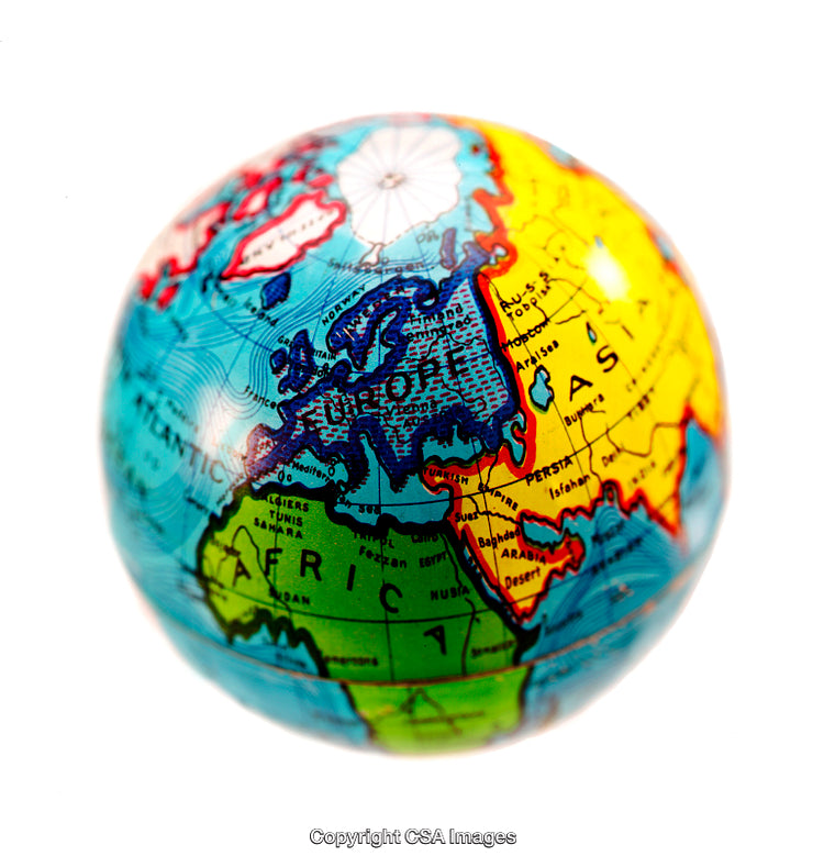 Colorful Miniature Globe Depicting Europe, Africa, and Asia Geographical Details