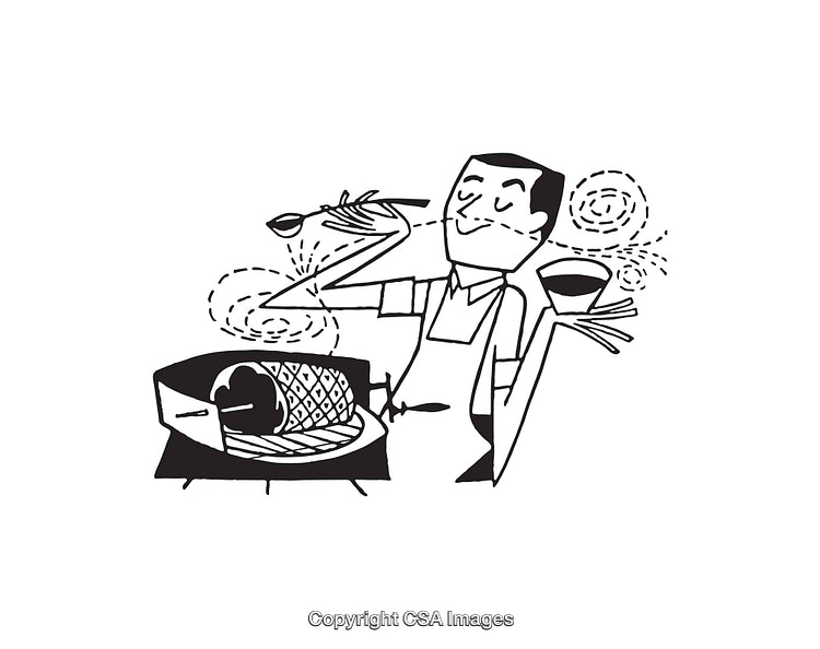 Chef Preparing a Delicious Roast with Aromatic Herbs and Wine, Line Art Drawing