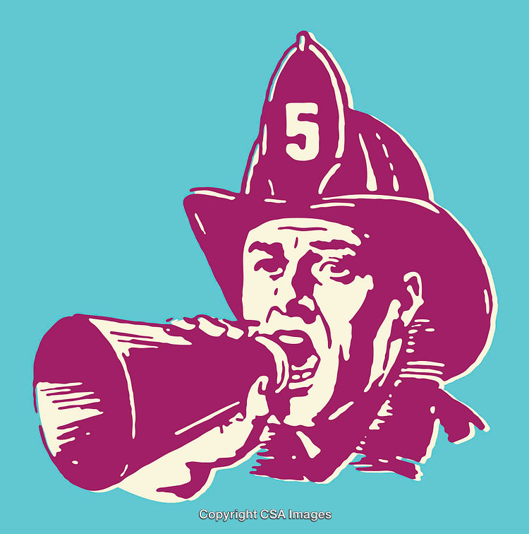 Vintage Style Firefighter Illustration With Megaphone in Bold Colors