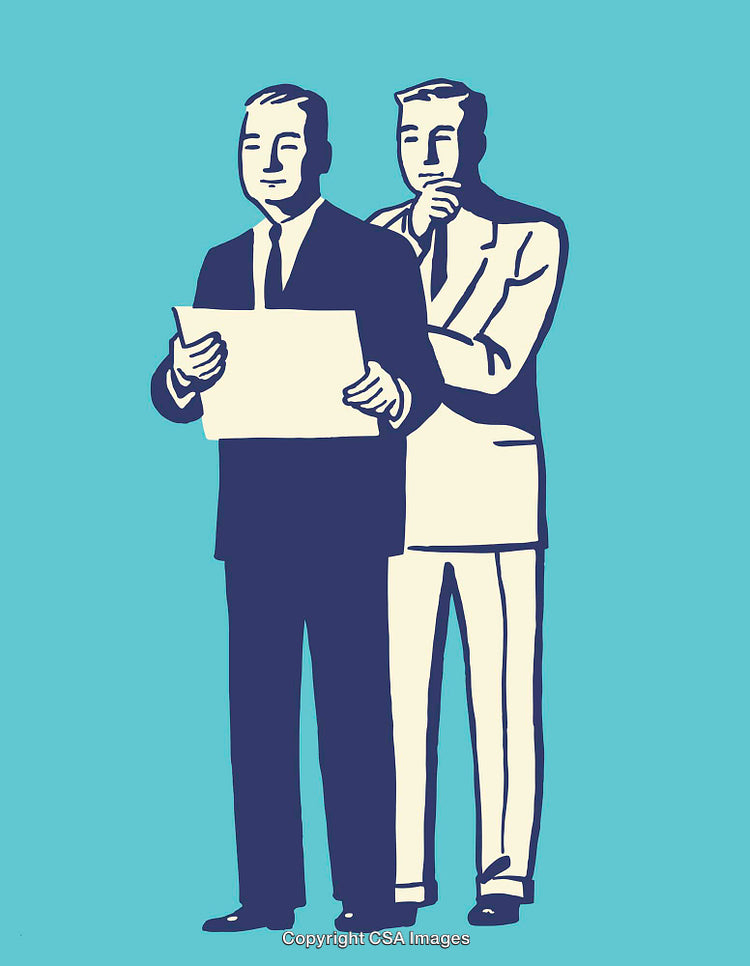 Two Businessmen Working Together Reviewing a Document in a Retro Style