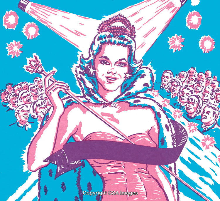 Retro Illustration of a Pageant Winner with Crown and Audience