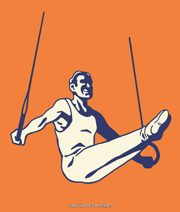 Stylized Illustration of Gymnast Performing on Rings in Dynamic Pose