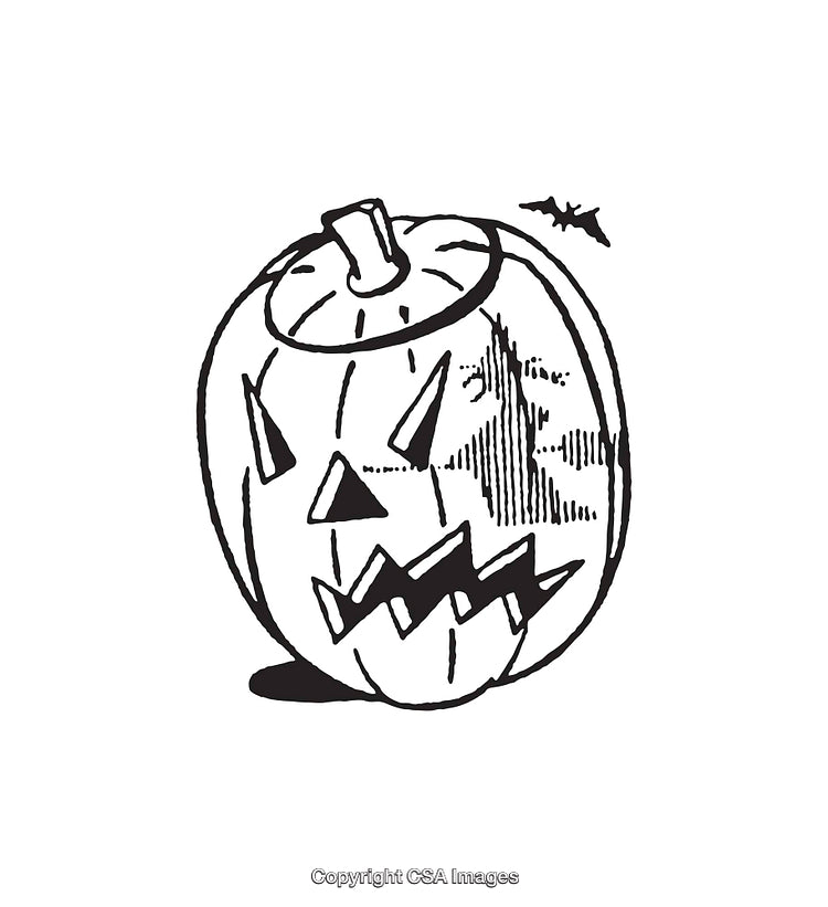 Black and White Illustrated Jack-O'-Lantern with Bat for Halloween Decor