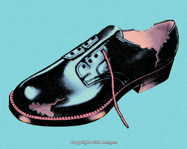 Stylized Artwork of a Damaged Black Shoe With Light Blue Background