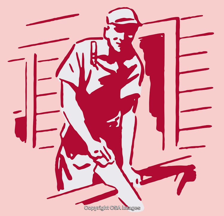 Vintage Line Art Illustration of Worker in Action with Sawing Movement