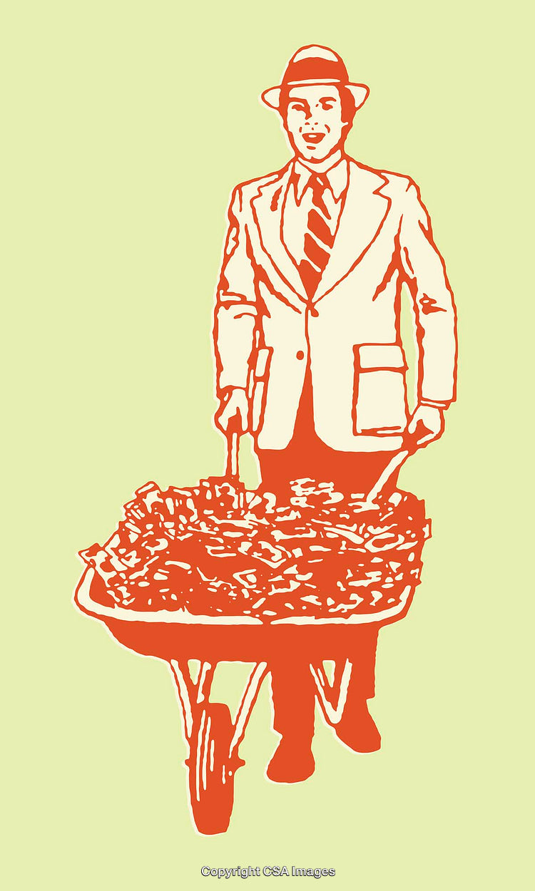 Vintage Line Art Illustration of Man with Wheelbarrow Full of Items