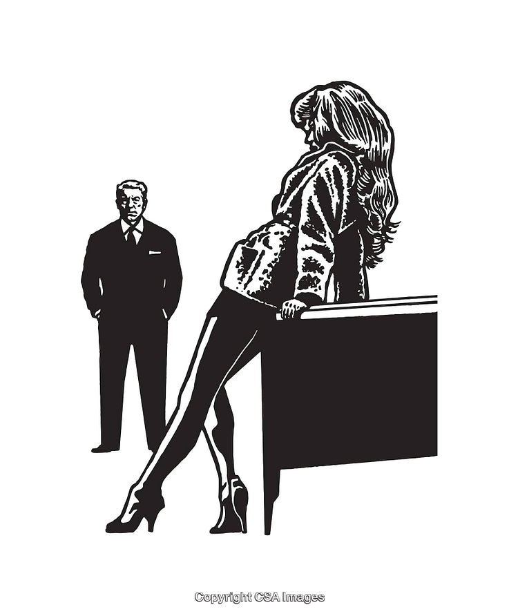 Black and White Line Art Depiction of a Man and Woman in Business Setting
