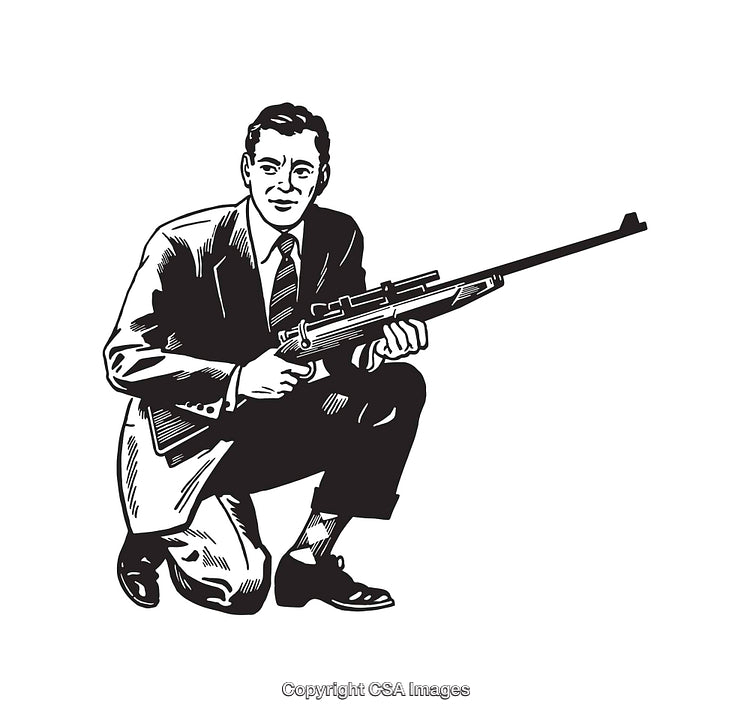 Detailed Black and White Illustration of a Man Holding a Rifle