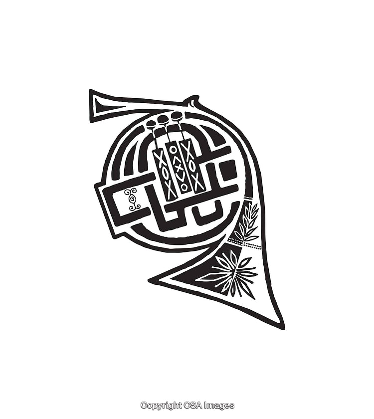 Intricate Black and White Abstract French Horn Line Art