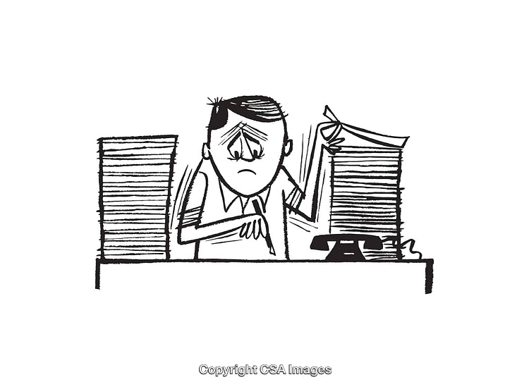 Frustrated Office Worker Surrounded by Paperwork Line Art Illustration