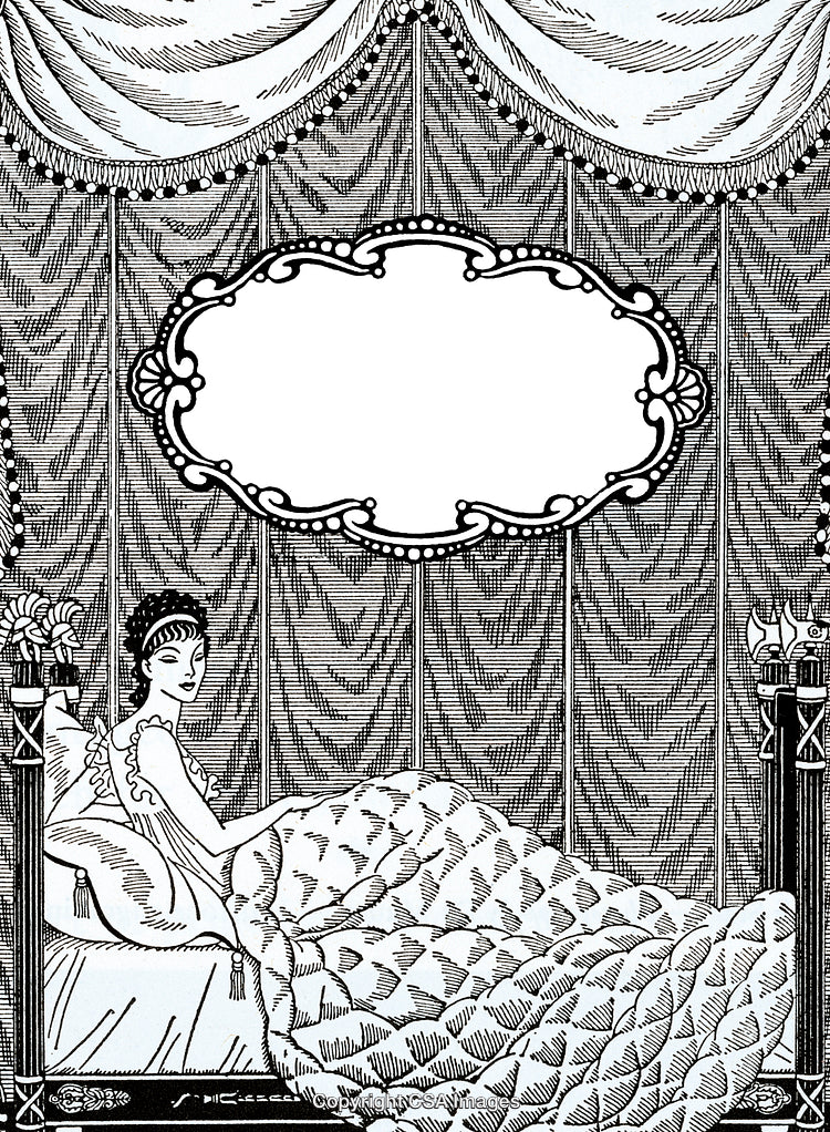 Vintage Engraving of Woman in Bed with Ornate Frame Design