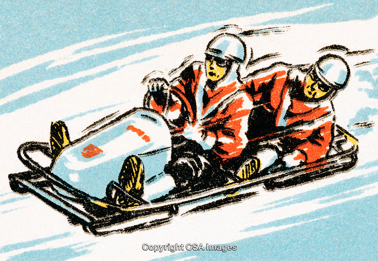 Colorful Illustration of a Two-Person Olympic Bobsled on Ice Tracks