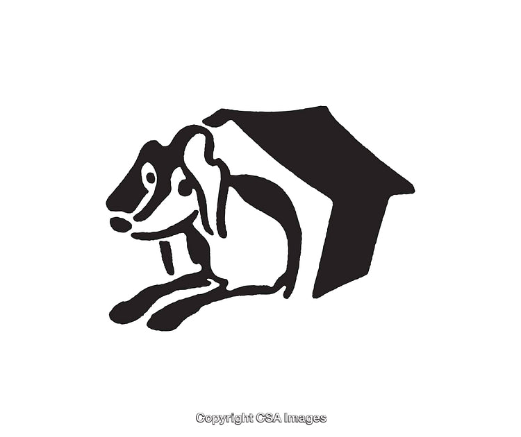 Black And White Line Art Showing a Dog Resting Beside a Doghouse