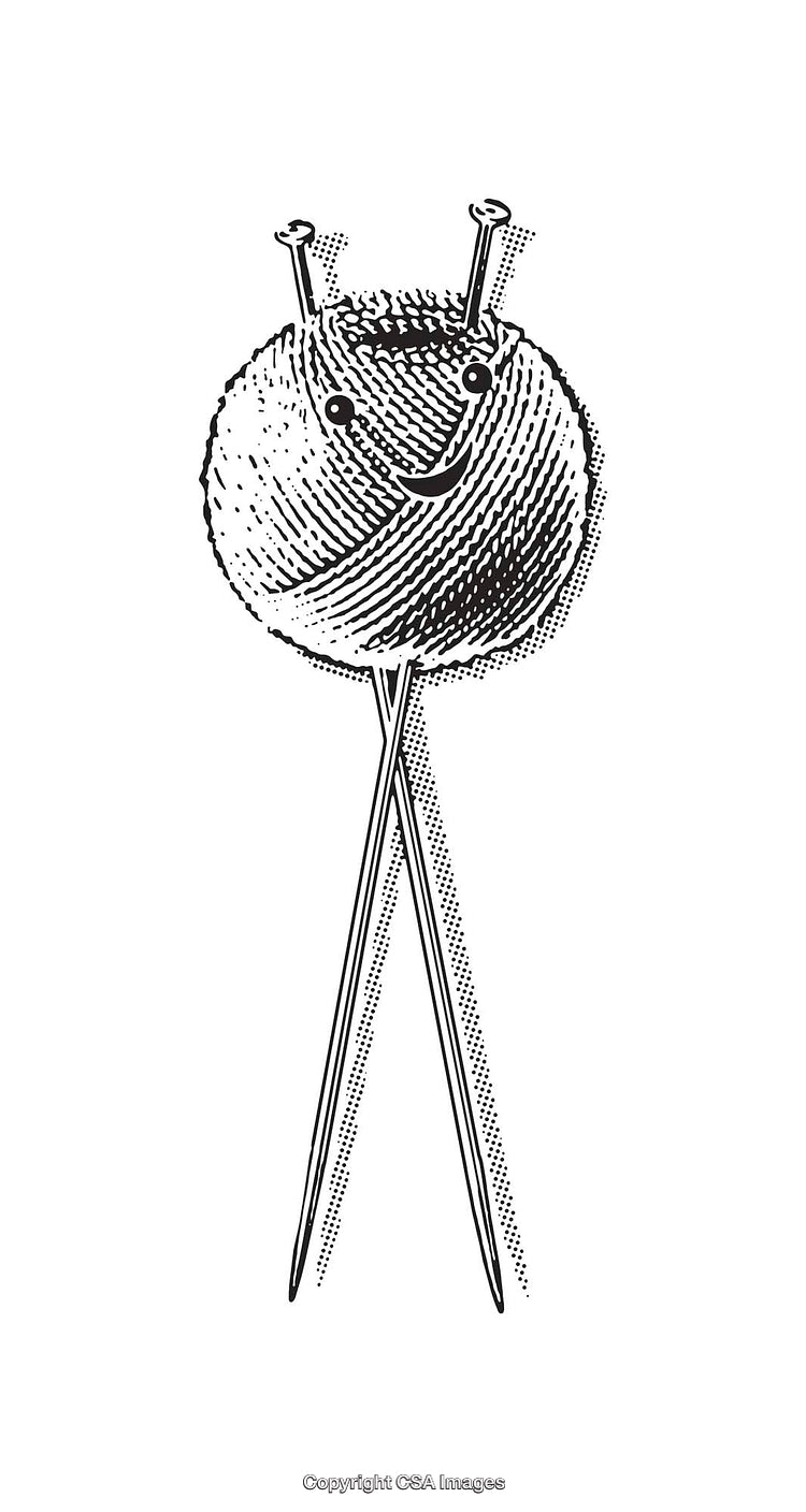 Smiling Yarn Ball and Knitting Needles in Black and White Art