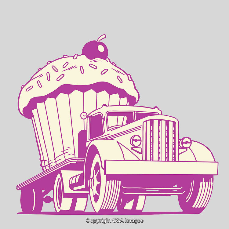 Whimsical Illustration of a Truck Carrying a Giant Cupcake with Sprinkles