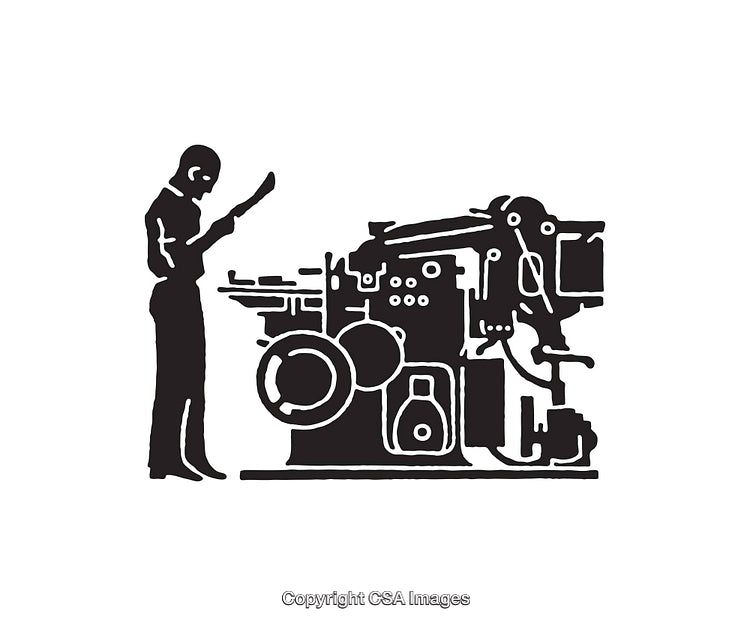 Black and White Illustration of a Printing Machine with Operator
