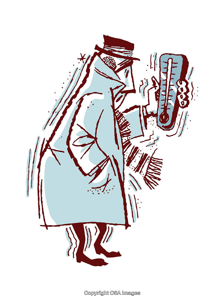 Illustration of a Man Holding a Thermometer in Cold Weather