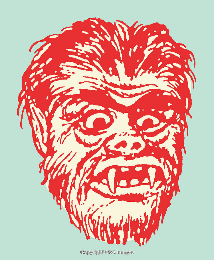 Vintage Illustrated Red Monster Face on Pastel Background