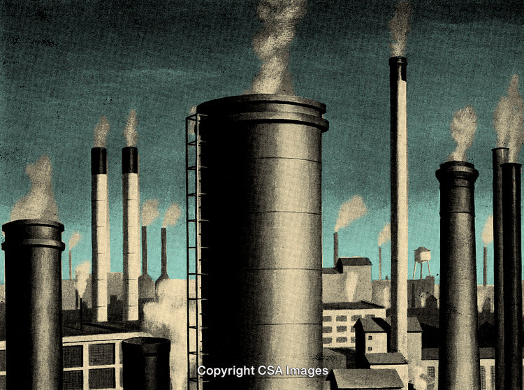 Industrial Factory Landscape with Chimneys and Smoke Under a Clear Sky