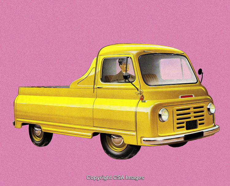 Vintage Yellow Pickup Truck on a Contrasting Pink Background