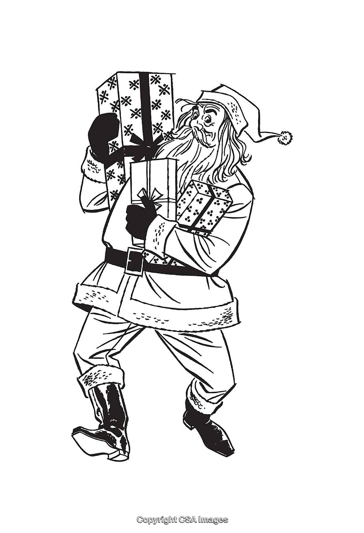 Santa Claus Delivering Christmas Gifts in Black and White Line Art