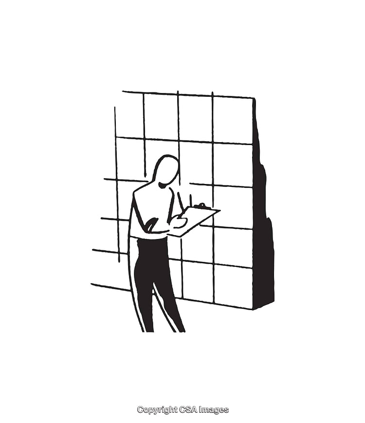 Abstract Line Art Illustration Depicting a Person Writing Against a Grid Wall