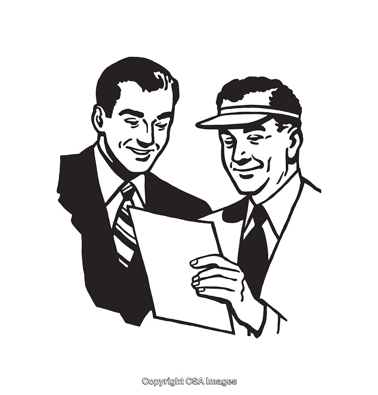 Retro Black and White Line Art of Two Businessmen Reviewing Paperwork