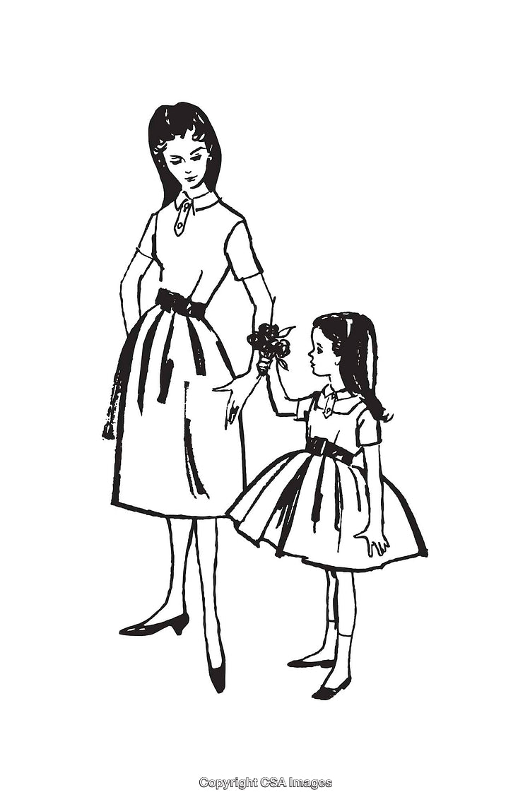 Vintage Line Art Illustration of a Mother and Daughter Interaction