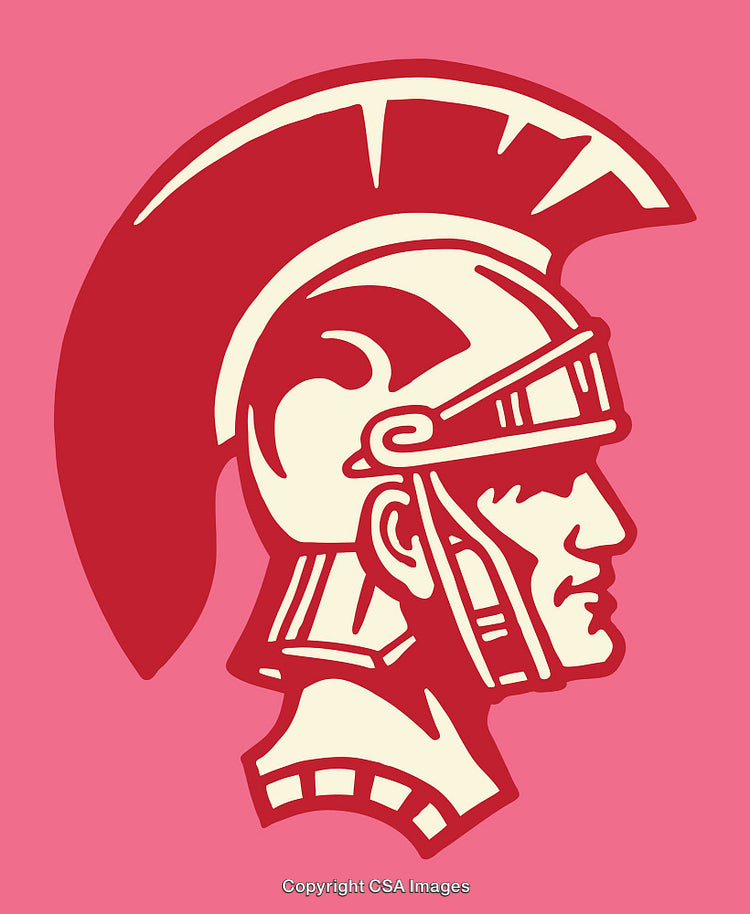 Bold Red Roman Soldier Helmet Illustration on a Vibrant Pink Background