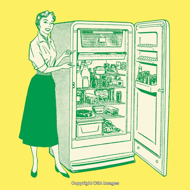 Vintage Style Illustration of Woman with Open Refrigerator on Yellow Background