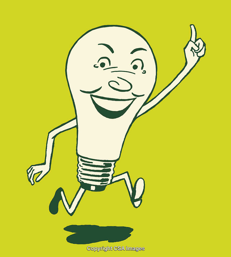 Cheerful Light Bulb Mascot Celebrating Ideas and Creativity in Line Art Design