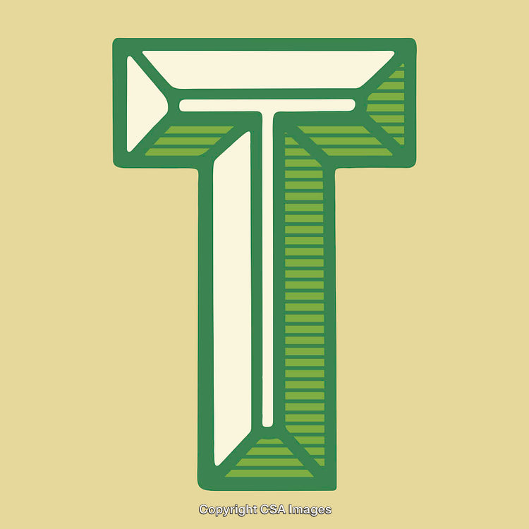 Stylized Green Letter T Illustration with Geometric Details on Solid Background