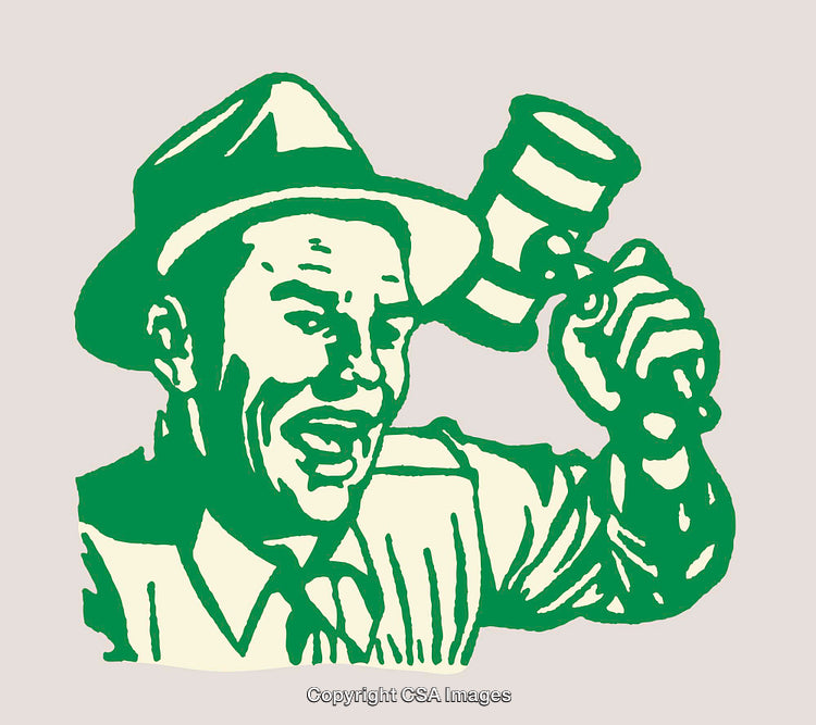 Vintage Illustration of a Lively Man Holding a Gavel in Retro Style