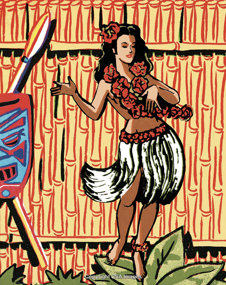 Vintage Style Illustration of a Hula Dancer in a Tropical Setting
